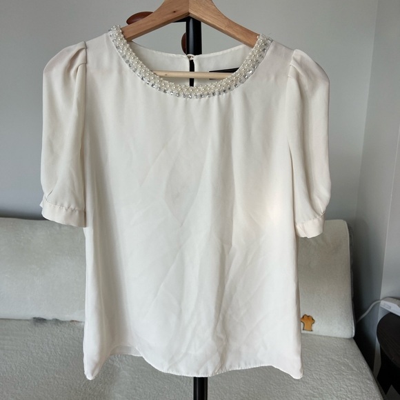 Tops - Mr White Puff Sleeve Blouse with Pearl Embellished Neckline – Fully Lined Size M
